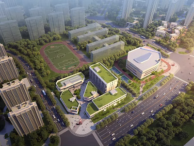 Aerial View Planning of Urban Complex with Green Roof Buildings Football Field Roads and Trees 3d model