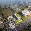 Aerial View Planning of Urban Complex with Green Roof Buildings Football Field Roads and Trees
