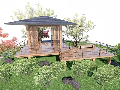 Japanese Style Wooden Pavilion With Deck Railings And Green Garden Plants Stones 3d model