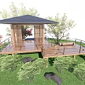 Japanese Style Wooden Pavilion With Deck Railings And Green Garden Plants Stones
