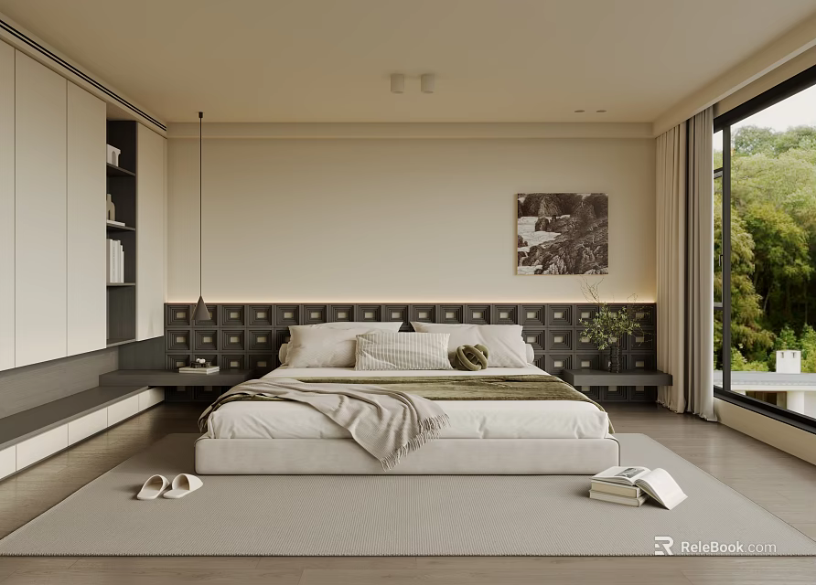 Modern Minimalist Bedroom Interior With Platform Bed Wall Art And Large Window 3d model