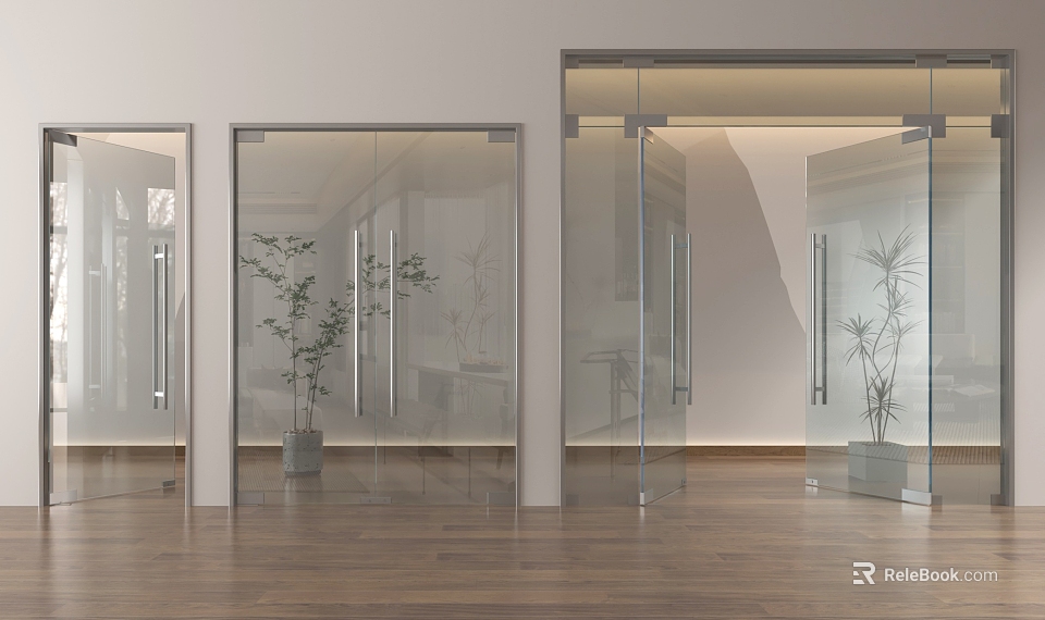 Modern Transparent Glass Double Doors In Interior With Wooden Flooring And Green Plants 3d model 