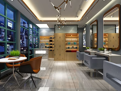 Modern Beauty Hair Salon Interior With Large Mirrors Comfortable Chairs Product Shelves And Elegant Lighting 3d model