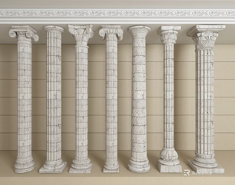 Classical White Roman Columns In Interior Space With Diverse Designs 3d model 