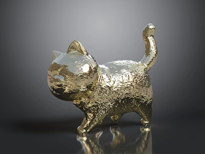 Shiny Golden Cat Decorative Figurine With Textured Surface And Reflective Base 3d model