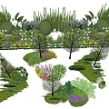 Lush Arbor Trees Garden Design With Various Plants And Flower Beds