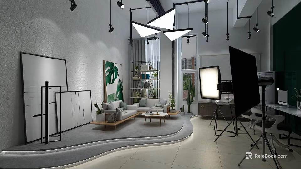 Modern Public Office Space With Open Layout Green Plants And Comfortable Sofa 3d model 