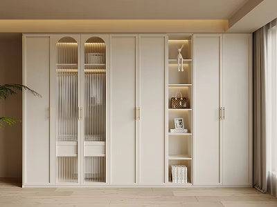 White Modern Wardrobe With Glass Door Cabinet Lighted Open Shelf And Gold Handles 3d model