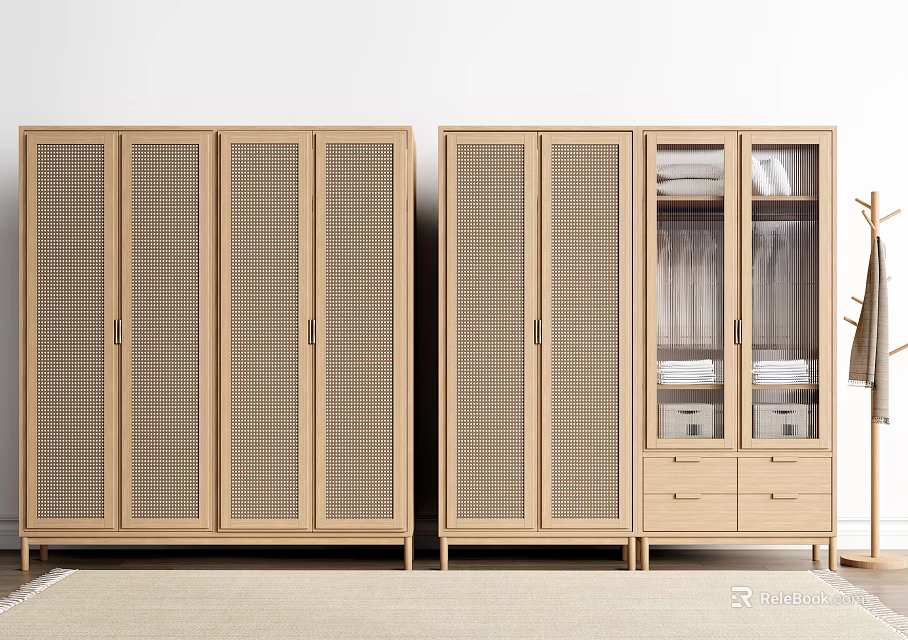 Modern Wooden Wardrobe With Lattice Doors Glass Panels And Drawer Storage Units 3d model 