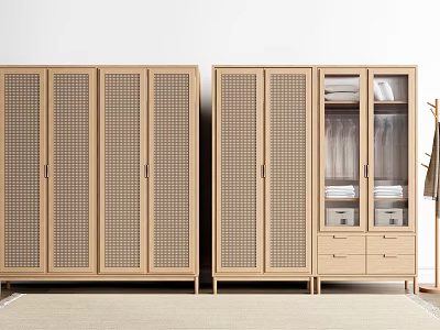 Modern Wooden Wardrobe With Lattice Doors Glass Panels And Drawer Storage Units 3d model