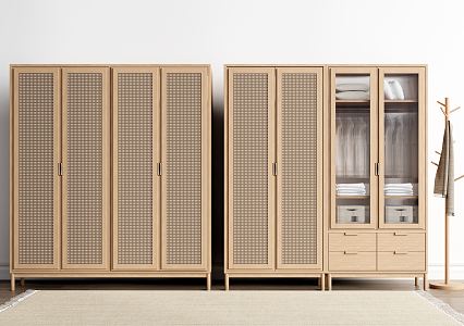 Nordic Wardrobe Solid Wood Wardrobe Rattan Wardrobe 3d model