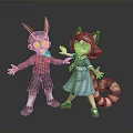 3D Cartoon Characters With Boy Red Shirt Girl Cat Ears Striped Tail Blue Dress
