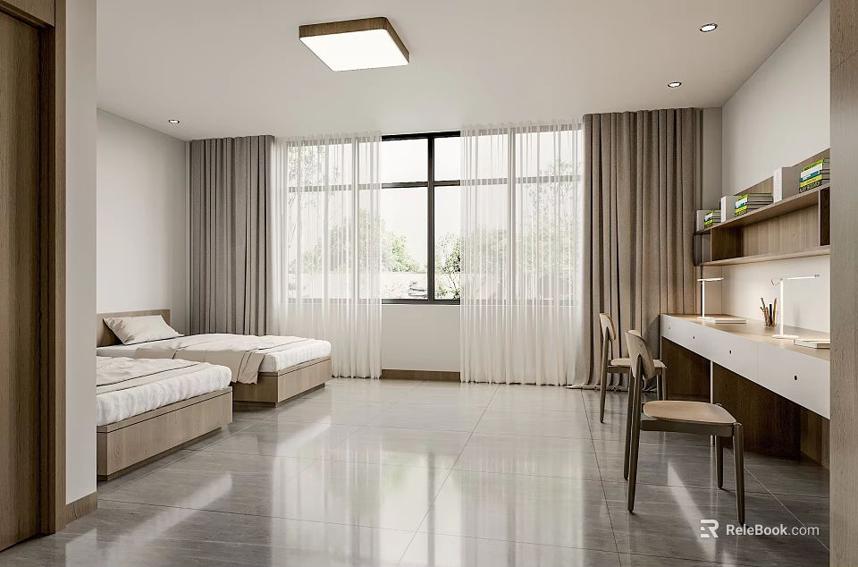 School Dormitory Room With Two Beds Large Window Curtains Desk And Chair 3d model 
