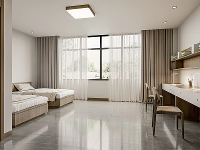 School Dormitory Room With Two Beds Large Window Curtains Desk And Chair 3d model