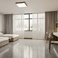 School Dormitory Room With Two Beds Large Window Curtains Desk And Chair