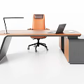 Modern Office Desk Setup With Orange Chair Laptop Desk Lamp And Side Cabinet