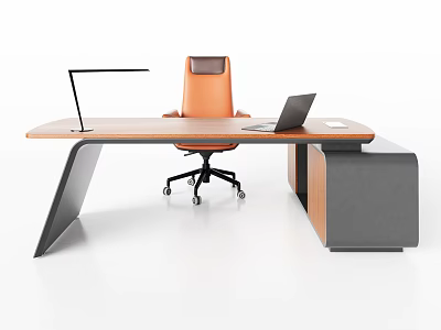 Modern Office Desk Setup With Orange Chair Laptop Desk Lamp And Side Cabinet 3d model