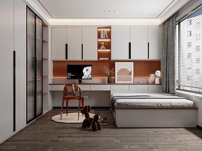 Modern Tatami Bedroom Interior With Wooden Flooring Desk Chair Storage Cabinets And Window Blinds 3d model
