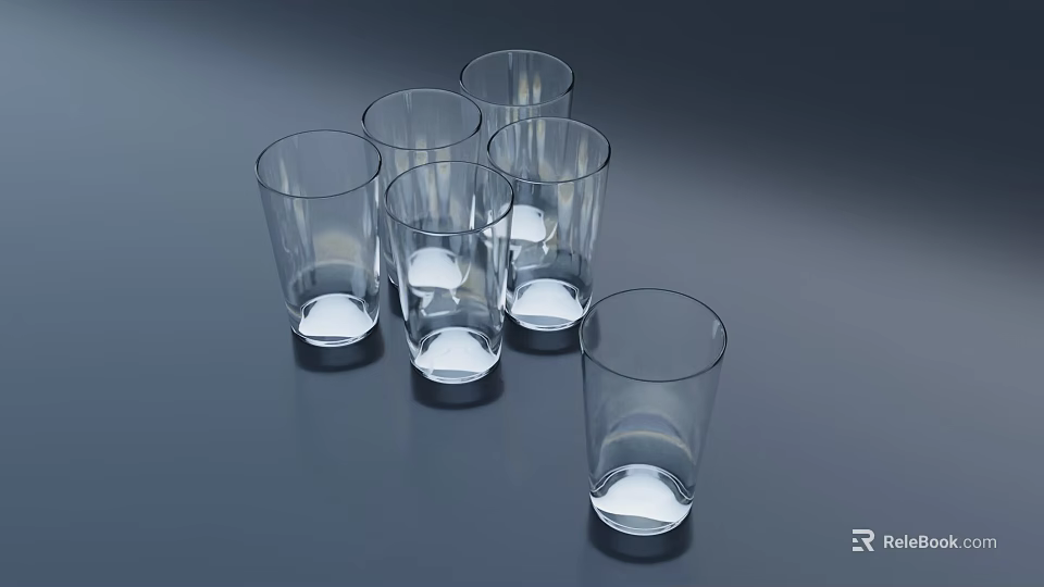 Six Neatly Arranged Empty Transparent Glass Cups On Blue Background Tabletop 3d model 