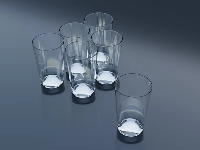 Six Neatly Arranged Empty Transparent Glass Cups On Blue Background Tabletop 3d model