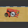Household Items On Wooden Countertop With Stacked Bowls Green Container Red Mat And Checkered Wall