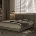 Double Bed With Grey Upholstered Headboard White Sheets Brown Pillow And Nightstand Lamp