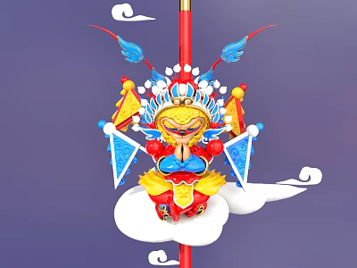 Traditional Chinese Mythological Character With Colorful Costume Phoenix Crown Flags And Cloud Motifs 3d model