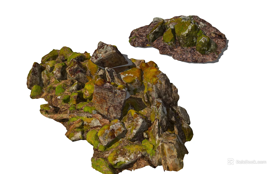 Natural Stone and Wood Elements with Green Moss in Rustic Setting 3d model