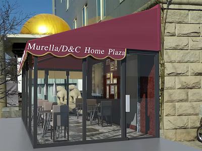 Café with Red Awning Stone Wall Glass Facade and Indoor Tables Chairs 3d model