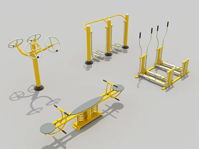 Outdoor Sports Equipment Collection Including Yellow Metal Fitness Machines And Training Stations 3d model