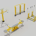 Outdoor Sports Equipment Collection Including Yellow Metal Fitness Machines And Training Stations