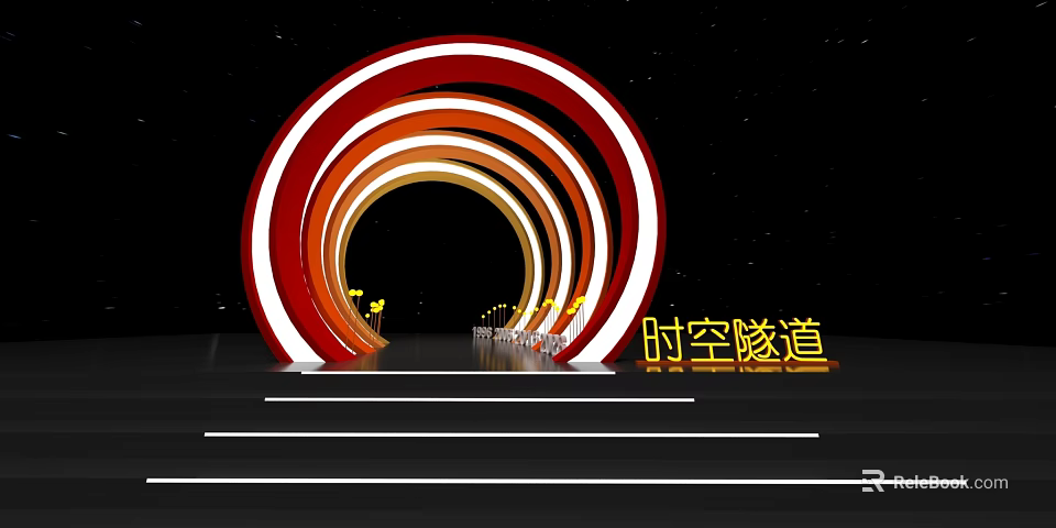 Illuminated Spacetime Tunnel Art Installation With Red Orange White Circular Rings And Starry Background 3d model 
