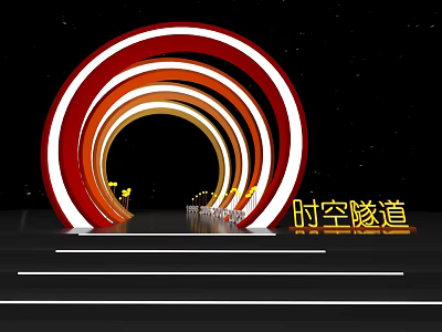 Illuminated Spacetime Tunnel Art Installation With Red Orange White Circular Rings And Starry Background 3d model