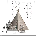 Dolls In Cozy Tepee With Snowflake Decorations Fairy Lights Small Houses Rocking Chair And Pillows