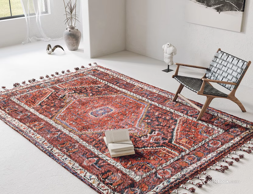 Intricate Patterned Square Rug With Tassels In Bright Living Room 3d model 