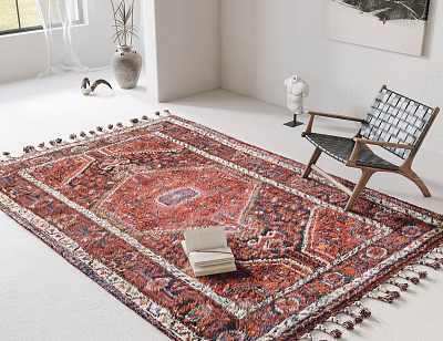 Intricate Patterned Square Rug With Tassels In Bright Living Room 3d model