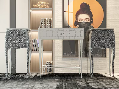 Stylish Bedside Table With Intricate Pattern And Silver Metal Legs In Modern Room 3d model