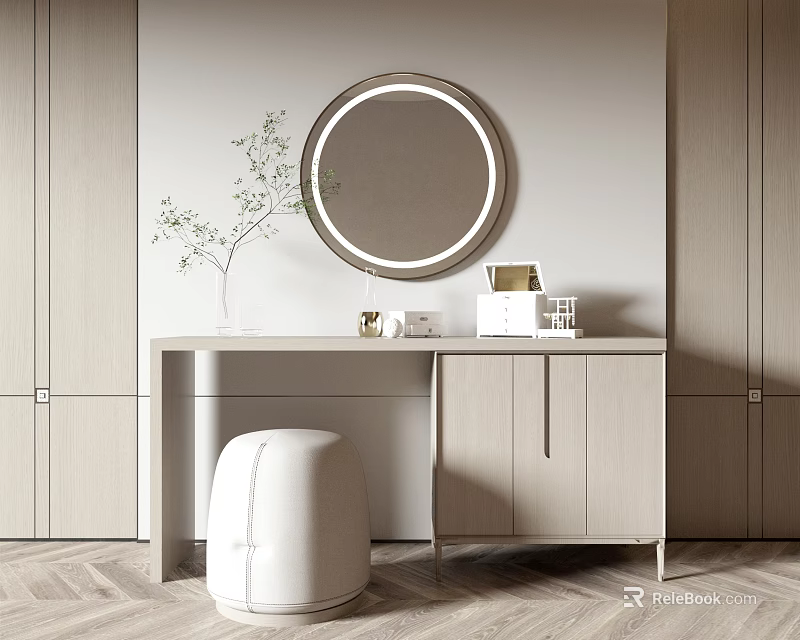 Minimalist Dressing Table Interior with Round Mirror White Stool Wooden Cabinet and Green Plant 3d model 