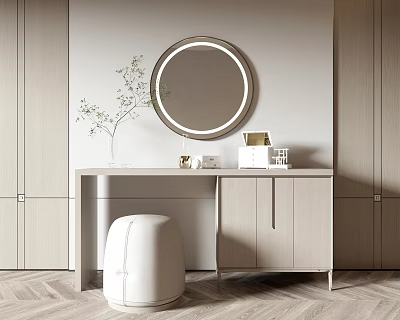 Minimalist Dressing Table Interior with Round Mirror White Stool Wooden Cabinet and Green Plant 3d model