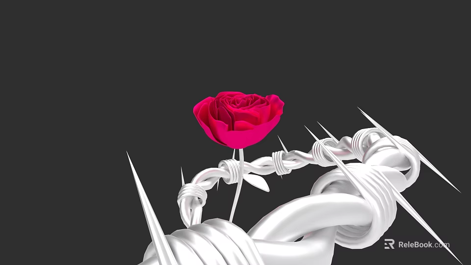 Botanical Painting of Red Rose with White Thorny Vines Twisted Around Stem Against Dark Background 3d model 