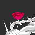 Botanical Painting of Red Rose with White Thorny Vines Twisted Around Stem Against Dark Background