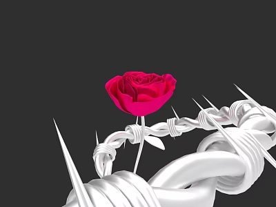 Botanical Painting of Red Rose with White Thorny Vines Twisted Around Stem Against Dark Background 3d model