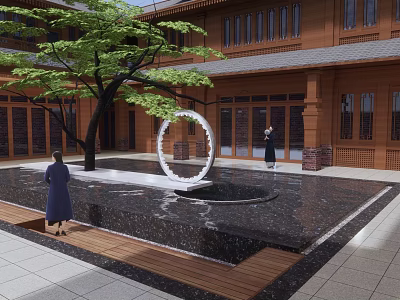 Traditional Courtyard With Wooden Architecture Circular Sculpture Tree And Water Feature 3d model