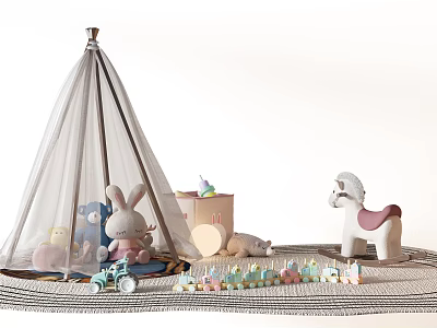 Adorable Plush Dolls With Tent And Rocking Horse On Rug 3d model
