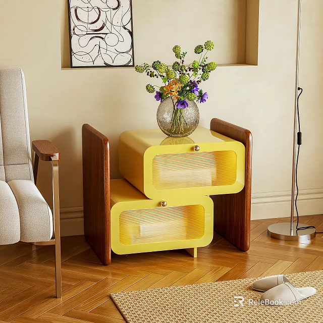 Modern Nightstand With Yellow Drawers Wooden Frame And Vase With Flowers 3d model 