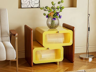 Modern Nightstand With Yellow Drawers Wooden Frame And Vase With Flowers 3d model