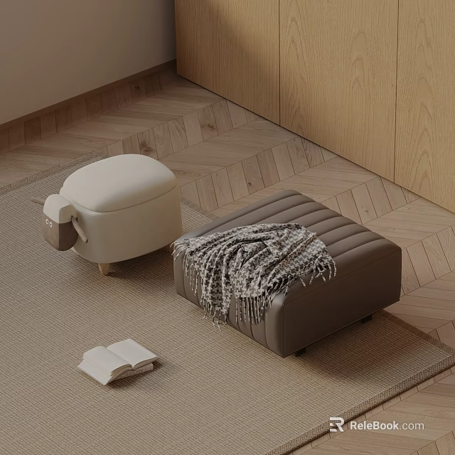 Cozy Grey Accent Chair With Throw Blanket Ottoman Open Book On Wooden Floor Rug 3d model 