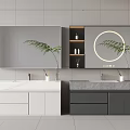 Modern Bathroom Vanity With Double Sinks Rectangular Circular Lighted Mirrors Green Plants Gray Tile Wall 3d model