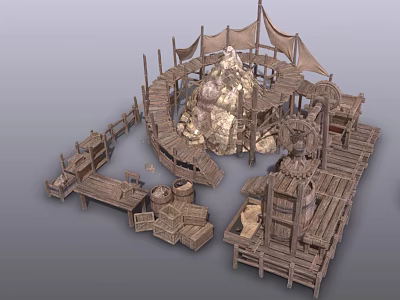 Rustic Wooden Building With Tents Platforms Spiral Stairs Barrels And Crates 3d model