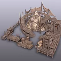 Rustic Wooden Building With Tents Platforms Spiral Stairs Barrels And Crates